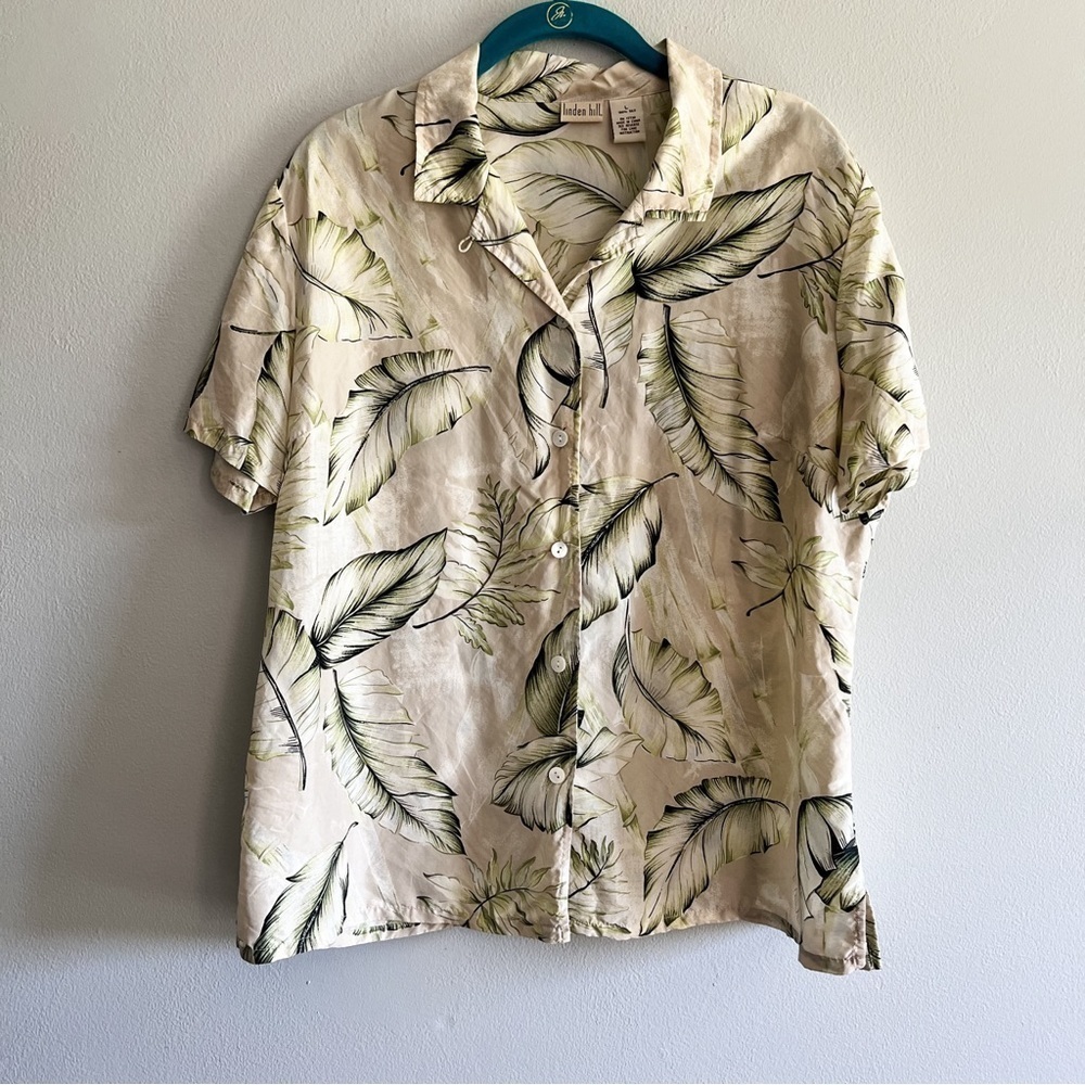 Linden Hill 100% Silk Cream Palm Leaf Button Up Short Sleeve Hawaiian Shirt Lg